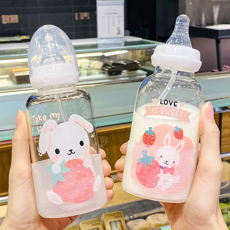 Cute Adult Baby Bottle Suction Cup Korea Creative Personality Glass  Portable Cartoon Milk Student Cup Waterbottle with Straw - AliExpress