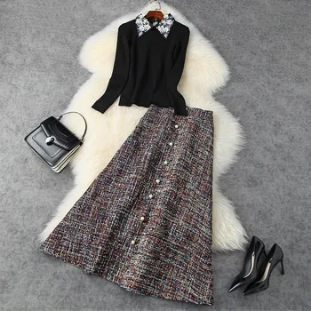 

European and American women's wear 2020 autumn new style Long-sleeved sequined flower lapel sweater Tweed skirt Fashion suits