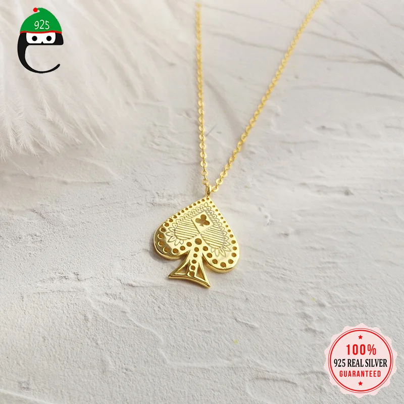 

Western Style 100% 925 Sterling Silver Made Gold Poker Cards Pendant Necklace For Women Girl Silver 925 Jewelry Gift DS1688