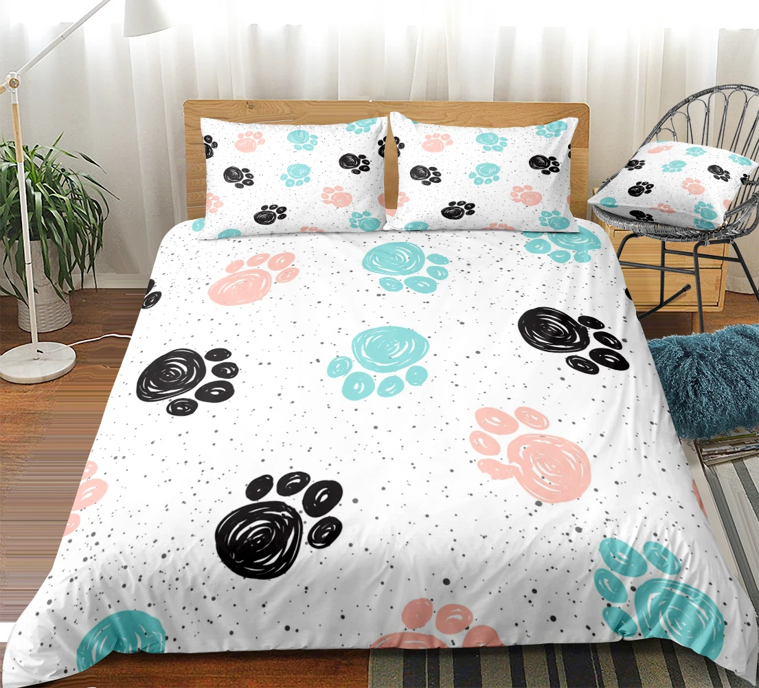 Dog Lover Quilted Bedspread & Pillow Shams Set Cute Hand Drawn Paws Print 