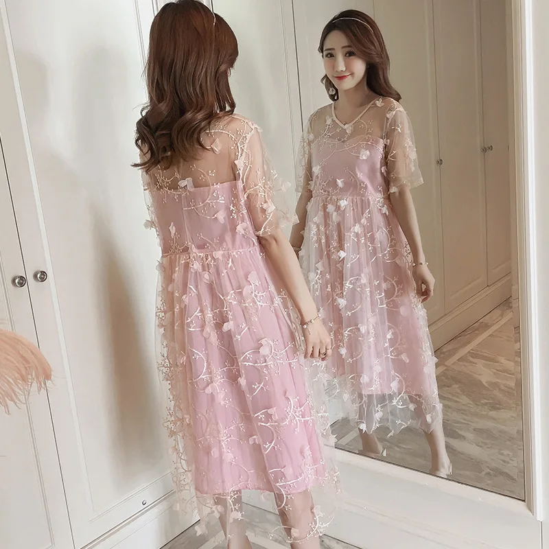 

2018 New Style Maternity Clothes Summer Wear Vintage Floral-Print Embroidered Mesh Dress Fashion Mom Skirt Long Skirts