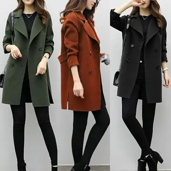

Women Autumn Winter Solid Color Lapel Double-breasted Woolen Midi Trench Coat