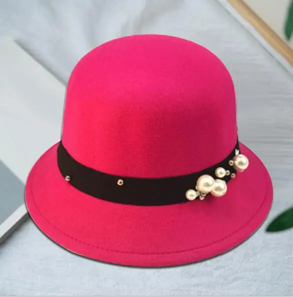 Женская Фетровая Шляпа Fedora, зимние шапки с широкими полями, осенняя мода, церковная женская шапка из искусственной шерсти, мужская фетровая шляпа с жемчугом - Цвет: rose pink