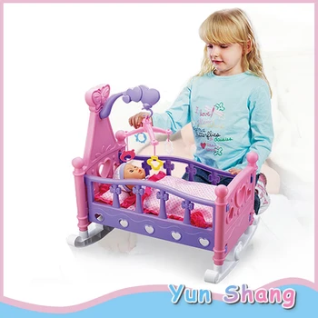 

Baby Shaker Sets Toys Children's Play House Simulation Baby Shaker Doll Toy Rocking Cradle Crib Cot Bed Toy With Blanket Pillow