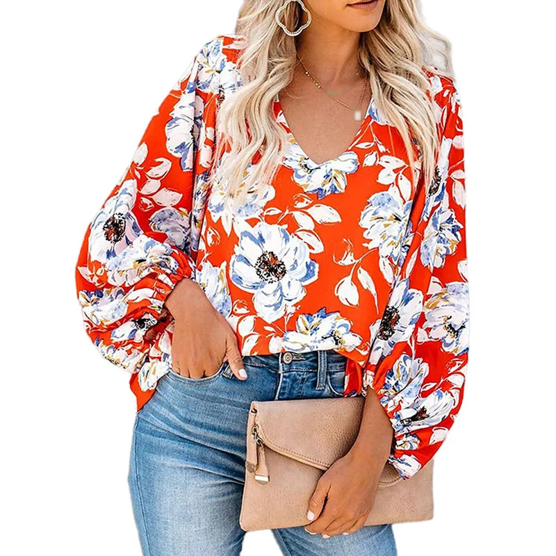 

Cute Women Fashion Casual All-match Loose Puff Sleeves Female Flower Print V-neck Long-sleeved Shirt Blouse Top