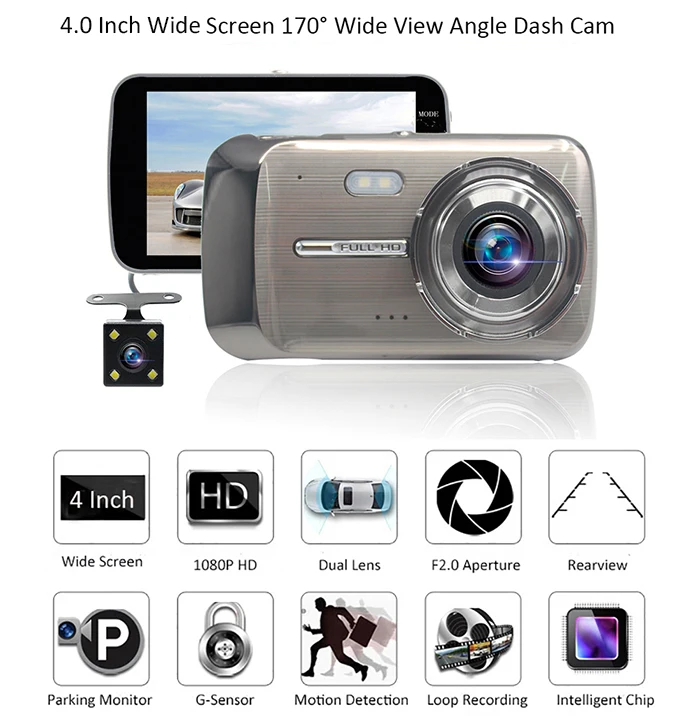 Автомобильный видеорегистратор 4,0 Full HD 1080P с двойным объективом, камера заднего вида, Автомобильный видеорегистратор, монитор, автомобильный детектор движения, автомобильная видеокамера