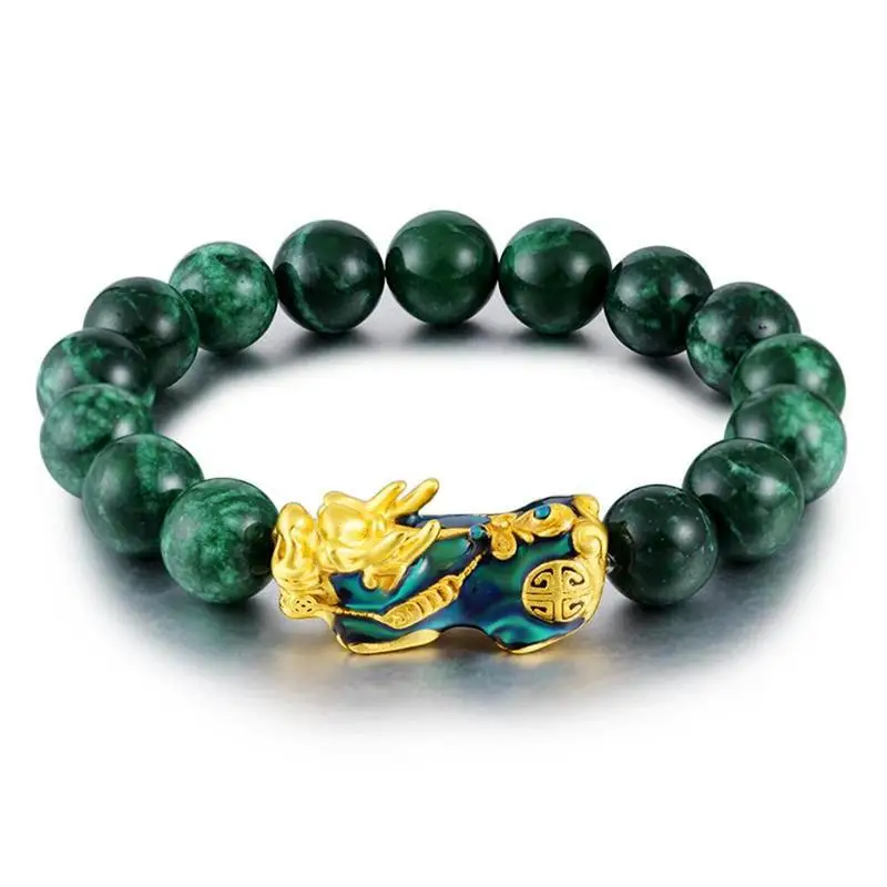 Натуральный зеленый оникс бусины Золотой Pixiu браслет с шармом энергетический камень браслет на удачу для женщин мужчин смелое богатство фэн шуй браслеты - Окраска металла: Green