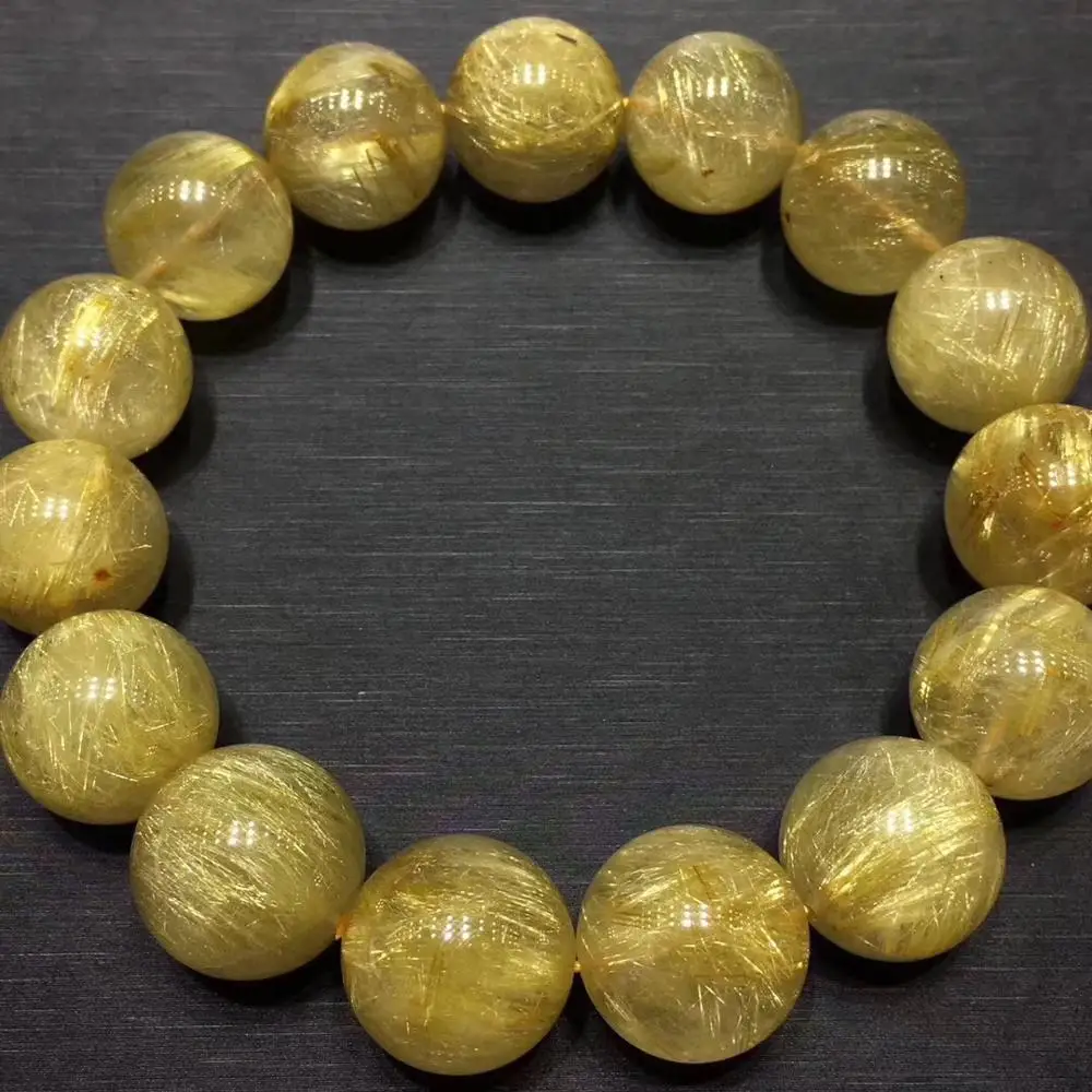 

15mm Genuine Natural Brazil Gold Rutilated Bracelet For Woman Man Crystal Titanium Stretch Round Beads Stone Fine Jewelry AAAAA