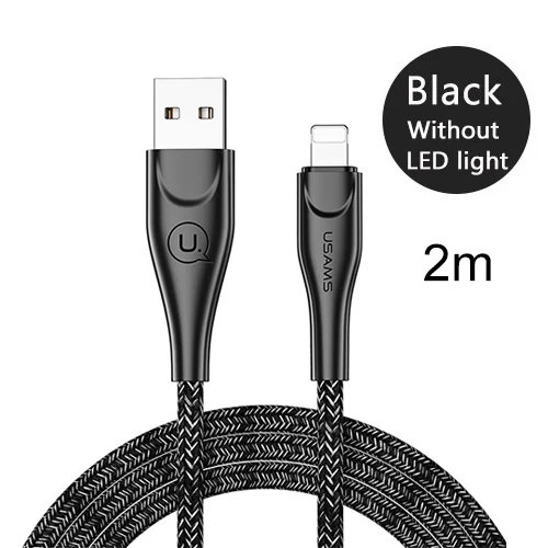 USAMS USB кабель для освещения кабель для iPhone 2 м 2.4A кабель передачи данных для быстрой зарядки для iPhone 7 8X6 6s plus 5 SE 5S зарядное устройство - Цвет: Black No LED 2m