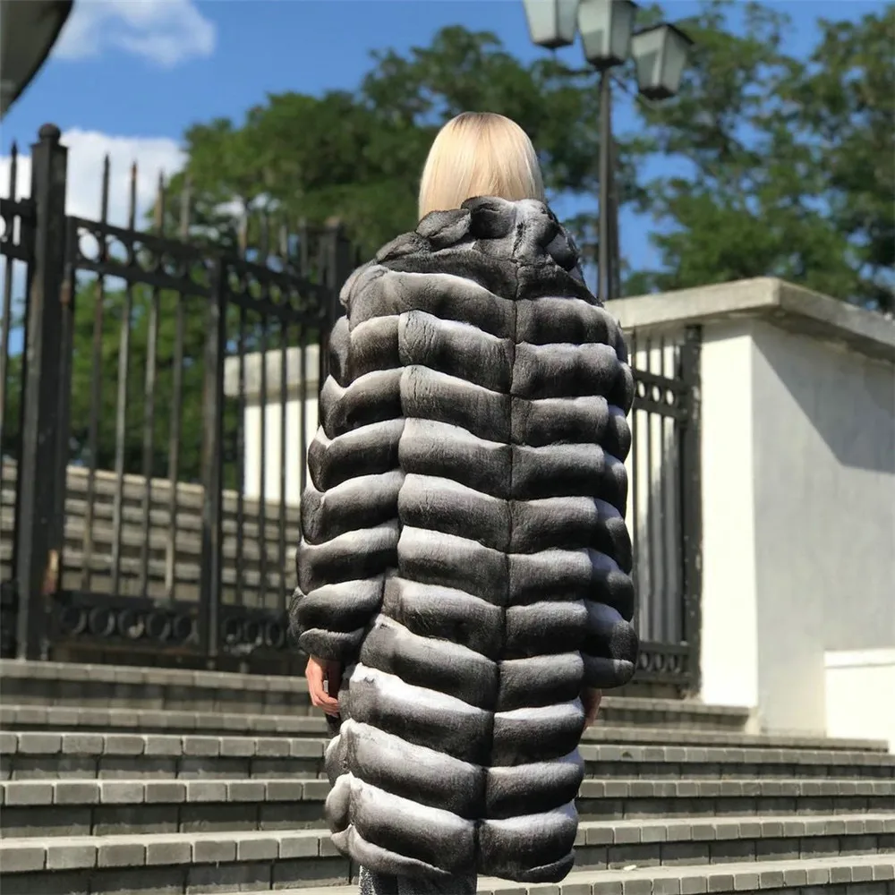 Natural Rex Rabbit Fur Coat Full Pelt Women's Winter Outwear High Quality Long Genuine Rex Rabbit Fur Coats Chinchilla Color