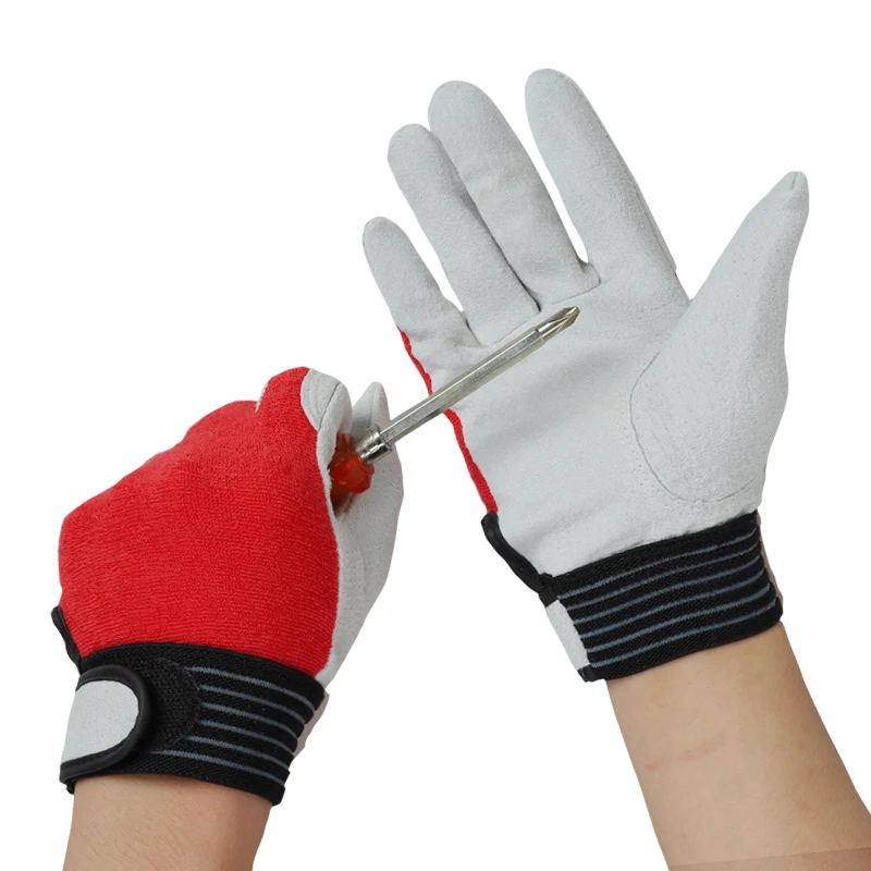 QIANGLEAF 3PCS Mens Work Gloves Safety Protective Leather Camouflage Cloth Tactics Red Safety Glove Wear Resistant Non-slip 508R