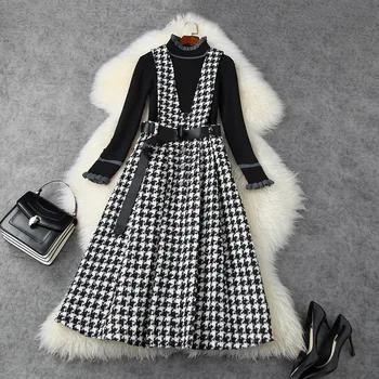 

European and American women's wear 2020 winter new style Long-sleeved knit sweater Plaid tweed dress Fashion two-piece