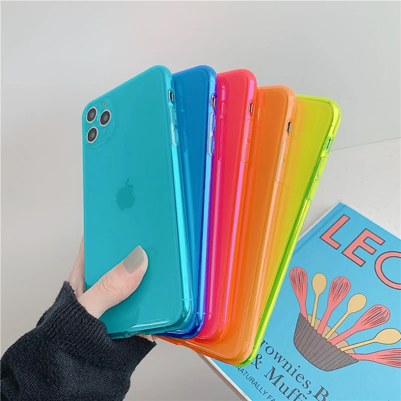 For iPhone 11 Pro Max X XR XS Max 7 8 Plus Candy Color Shockproof Transparent Fluorescence Capa For iPhone 12 Mini 11 SE 2020
