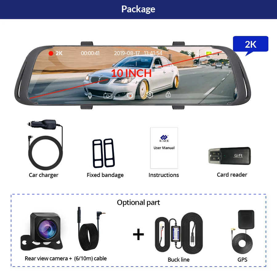 E ACE A42 10 дюймов 2K Автомобильный видеорегистратор зеркальный FHD 1440P регистратор