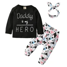 Комплекты одежды для новорожденных девочек футболка с длинными рукавами и надписью «Daddy is my Hero»+ штаны+ повязка на голову, комплект одежды из 3 предметов для младенцев