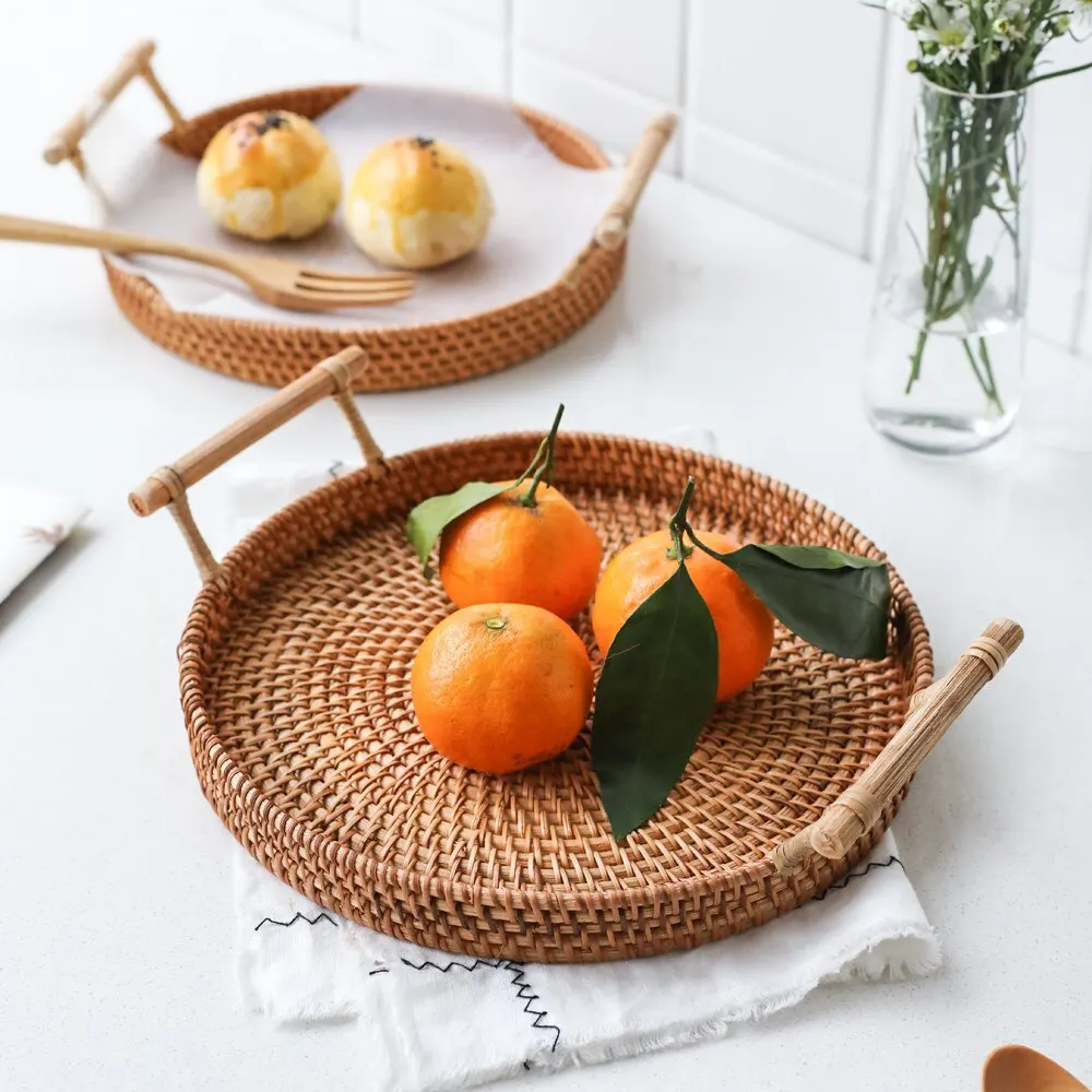 

Rattan Handwoven Round High Wall Severing Tray Food Storage Platters Plate Over Handles For Breakfast Drink Snack For Coffee Tea