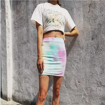 

2020 Women's High waist Elegant Tie-dye rainbow Mini skirt Slim wild Sexy Hip skirt female Ladies Colorful gradient Short ski