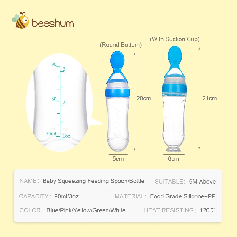 Beeshum 90ml Baby Squeezing Feeding Spoon Safety Silicone Training Baby Bottle Spoon Infant Cereal Food Feed Spoon Baby Gadgets 2