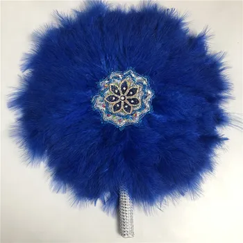 

3pcs African Blue Turkey Feather Hand Fan Handmade Fans for Wedding Decoration Hand Fan with Stones Double-sided Feather Fan-30