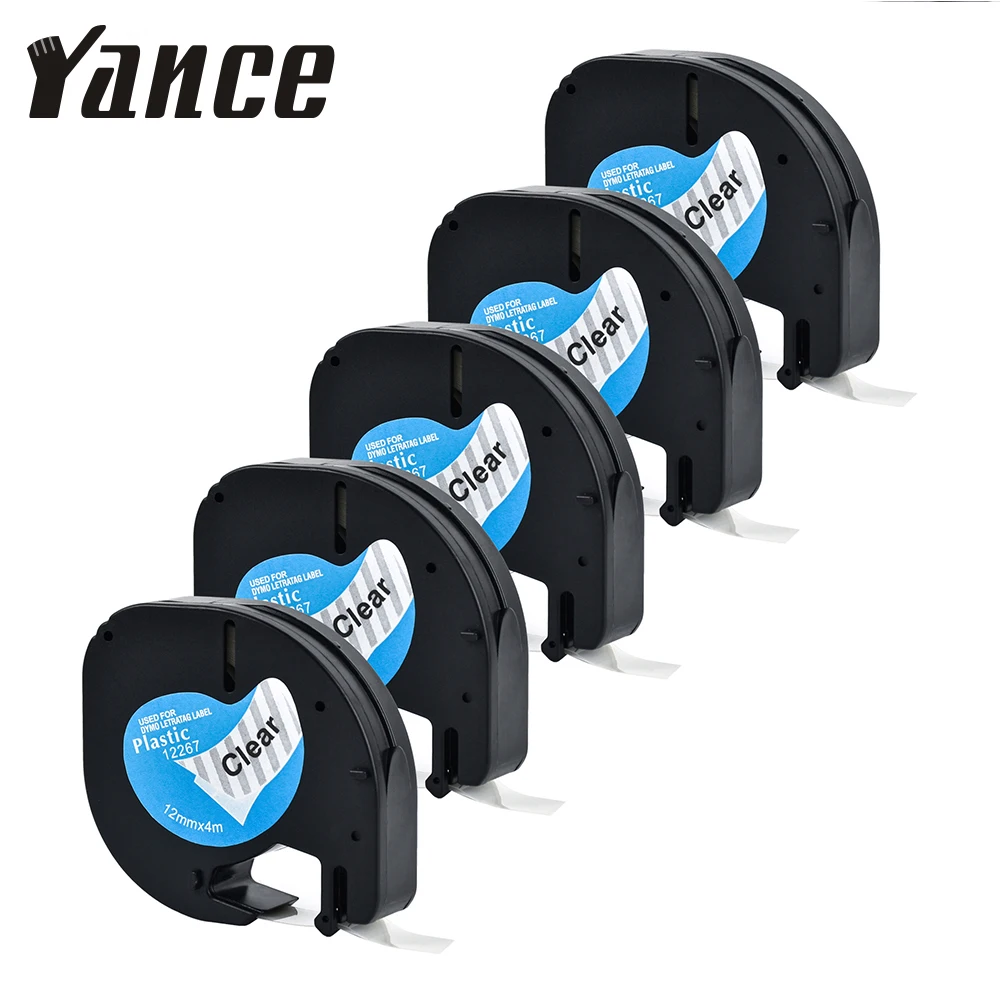 

Yance 5Pcs/lot Compatible Dymo LetraTag Plastic tape 12267 12mm Black on clear label Tape for dymo label printer LT-100H LT-100T
