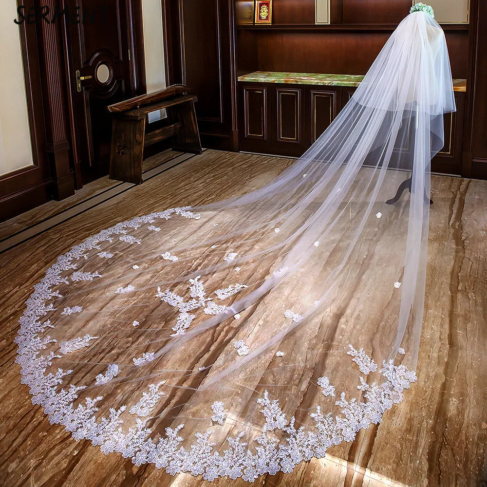 SERMENT Cathedral Wedding Veil Bead Edge Three-Layer Apliqued 400cm Lace Sequins Long Tailed Bride Veil White Wedding Accessorie SERMENT Cathedral Wedding Veil Bead Edge Three-Layer Apliqued 400cm Lace Sequins Long Tailed Bride Veil White Wedding Accessorie