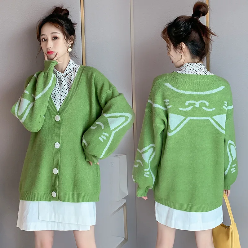 

Photo Shoot 2019 Autumn And Winter New Style Avocado Green Knitted Sweater Cardigan Laziness-Style Cat Open Buckle Versatile Coa