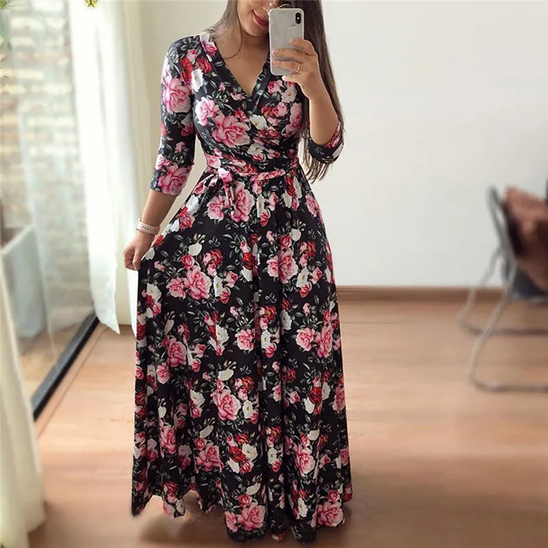 Dresses Woman Party Night Fashion Women Three Quarter Sleeve Printed V-Neck Swing Beach Long Maxi Dress Plus Size Dropship L#25
