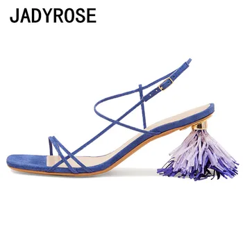 

2020 NEW Women Sandals Yellow Suede High Heels Fringe Summer Shoes Square Open Toe Pink Sandalias Femmes Blue Zapatos Mujer Pump