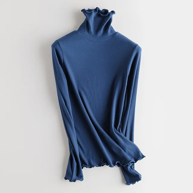 SuyaDream Women Bottoming T Shirt Real Silk Blend Long Sleeves Solid Basic Shirt 2021 Autumn Winter Turtleneck Top Blue Turleneck