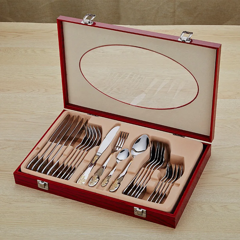 

24 PCS Dinnerware Set Stainless Steel Cutlery Set Flatware Sets Tableware Cutlery Spoon Set Party Supplies Kitchen Wood Gift Box