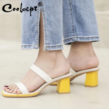 

Coolcept New Summer Sandals Shoes Women Fashion Thick High Heels Slippers Fancy Real Genuine Leather Slip On Footwear Size 34-39