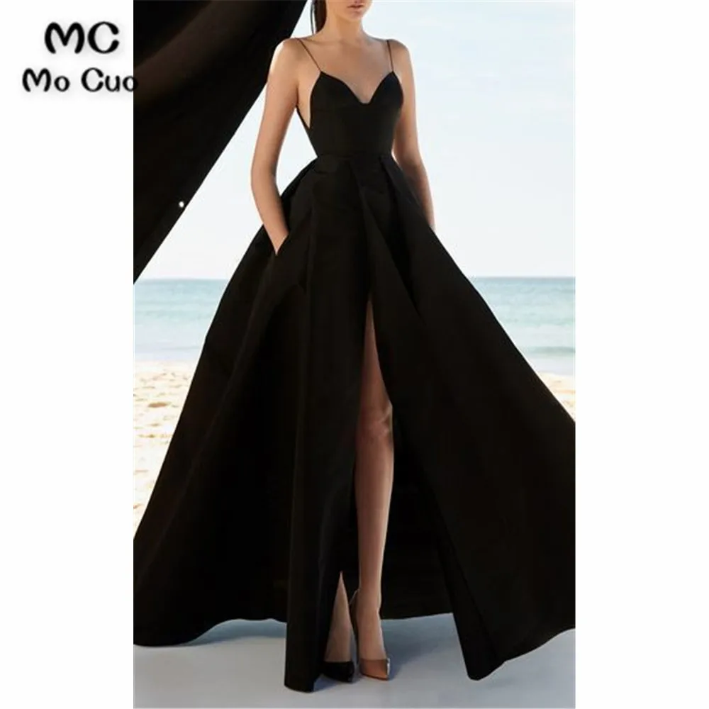 

Elegant A-Line Prom Dresses with Pockets Front Slit Spaghetti Straps V-Neck Evening Gown Satin Prom Dress for women