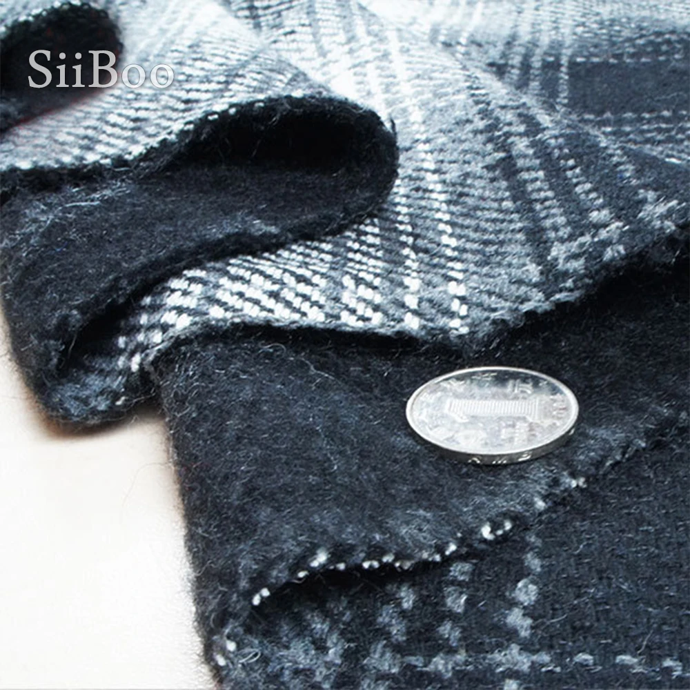 American style black white plaid brushed woolen fabric for winter coat