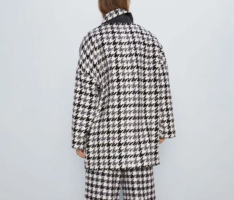 Винтажное осенне-зимнее шерстяное Женское пальто в клетку с карманами из твида