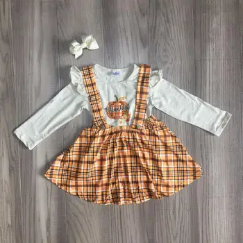 

children girls 2 pcs clothes girls fall dress girls Halloween dress girls orange plaid dress pumpkin print with bow