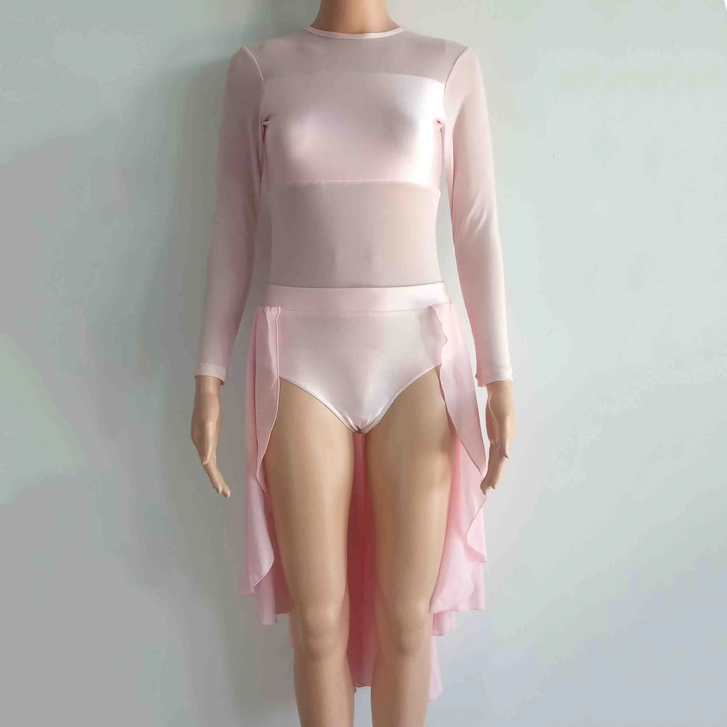 Pale Pink Белые длинные сетчатые рукава кроп Топ шифон длинные юбки Лирический танец платье представление костюм - Цвет: Pale Pink