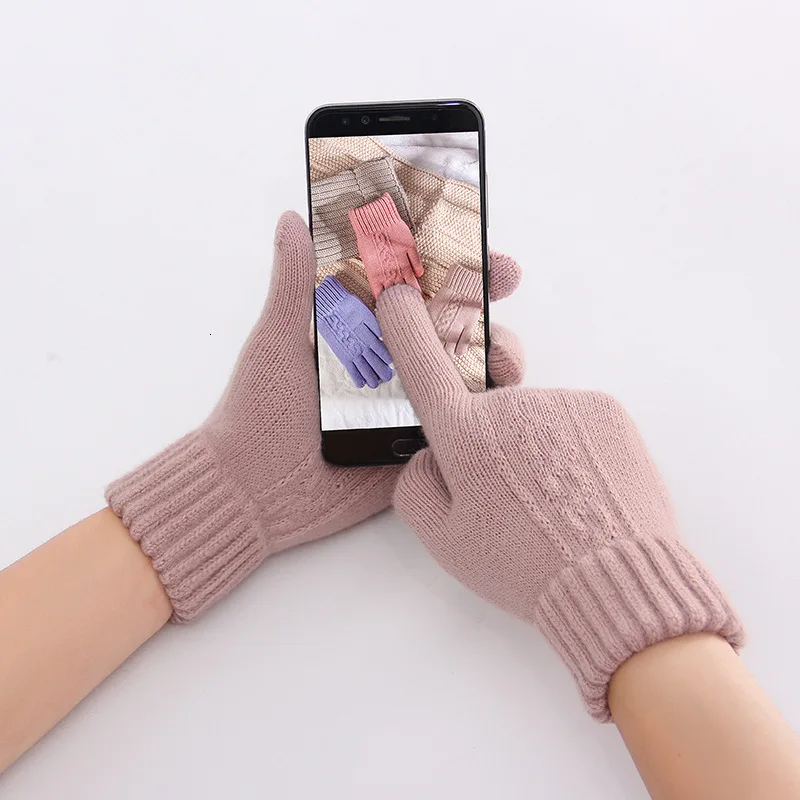 Women Winter Knitting Touch Screen Gloves Crochet Thicken Warm Driving Mittens Solid Color Soft Full Finger |