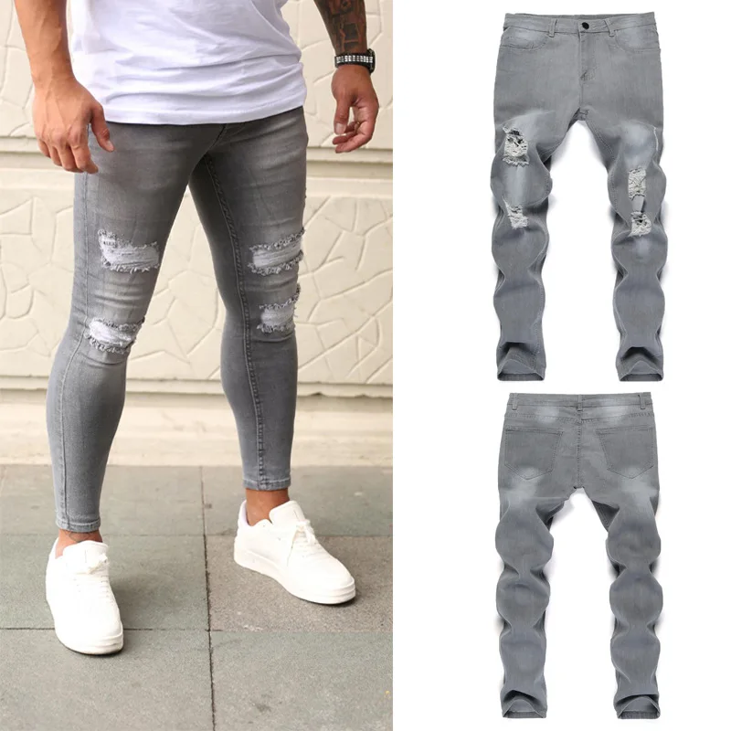 2021 Men Ripped Biker Skinny Jeans Side Stripe Slim Fit Pencil Pants Male Date Party Street Hip Hop Denim | Мужская одежда