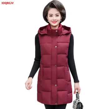 

Autumn Winter Vest Women Waistcoat 2019 Female Sleeveless Vest Jacket Middle-aged Mother Hooded Warm Long Vest Cotton Coat W1626