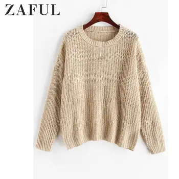 

ZAFUL Chunky Knit Drop Shoulder Textured Sweater Round Neck Full Sleeves Daily Going Out Women's Pullovers Autumn Winter 2019