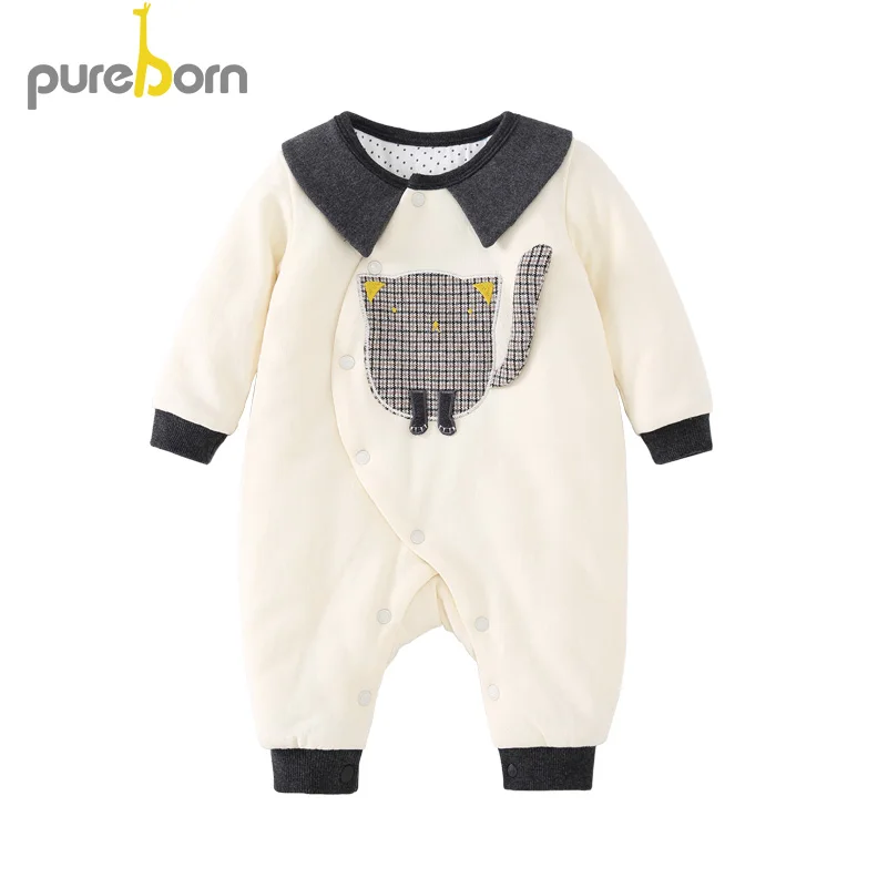 Pureborn/комбинезон для новорожденных Хлопковый стеганый зимний теплый комбинезон с