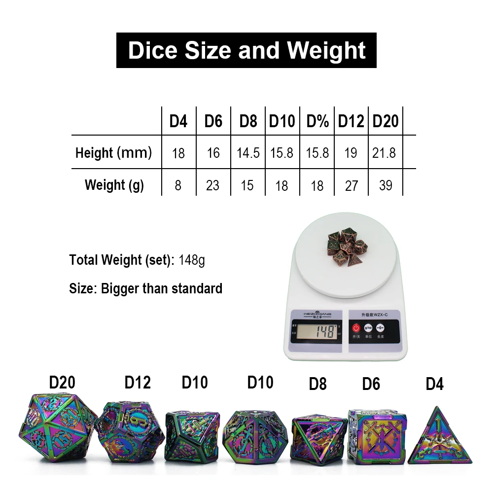 Polyhedral Polyhedral Dice Set with Pouch, D4, D6, D8, D10, D12, D20, Tabletop Games, New Design, , 7Pcs