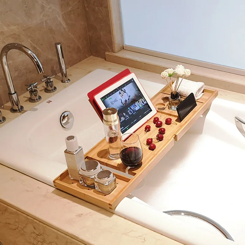 Bath Bamboo Sink Rack Bathtub Wind Rack Mobilephone Tablet Computer Shower Bar Storage Shelf Tray Retractable Bath Bracket