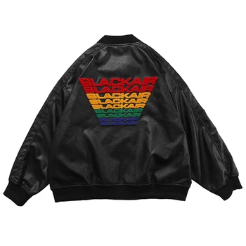 

HipHop Men Leather Jackets Streetwear Casual Motorcycle Letter Embroidery Sleeves Vintage Bomber Jacket Full Zipper Coats Tops
