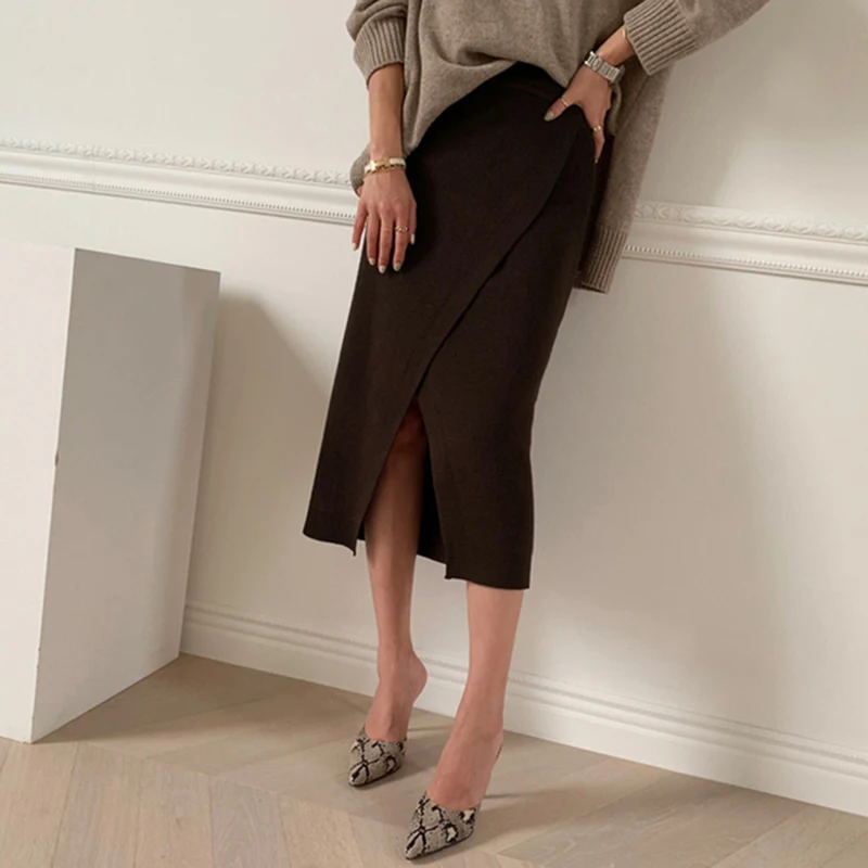 Autumn Winter Knitted Pencil Skirts Womens Korean Style High Waist Skirt Fashion Slim Warm Casual Split Female Midi Skirt Faldas