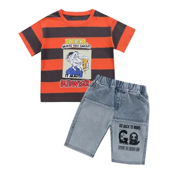 

Kids Summer suit Teenage Causal Clothing Set Boys Striped T-shirt +Denim Shorts for 4 6 8 10 12 Years