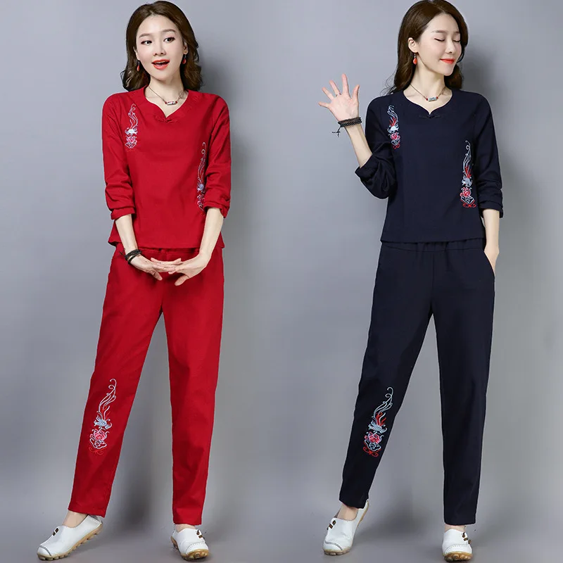

2019 New Style Ethnic-Style Cotton Linen Embroidered Long-sleeved Upper Garment Women's + Embroidered Frog Cotton Linen Pants Se