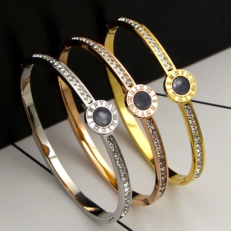 

Luxury Brand Roman Crystal Round Bracelet For Women Jewelry Gold-Color Hollow Roman Numerals Bangle & Bracelets Couple Gifts