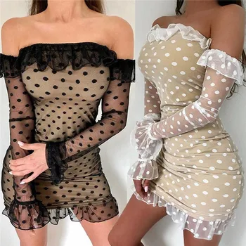 

Sexy Women Off Shoulder Ruffle Dress Mesh See Through Long Sleeve Dress Dot Print Bandage Bodycon Evening Party Short Mini Dress