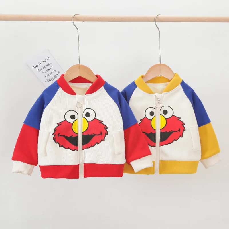 

Winter Style Men And Women Children Baseball Uniform Coat Korean-style Sesame Street Zip-up Shirt Baby Cardigan Brushed And Thic